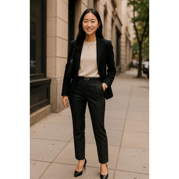 DRESSBARN Womens Black Floral Jacquard Dress Pants Sz 4 Back Elastic Minimalist - Picture 2 of 7